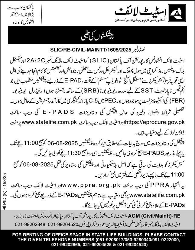 State Life Insurance Corporation of Pakistan Karachi Tender Notice